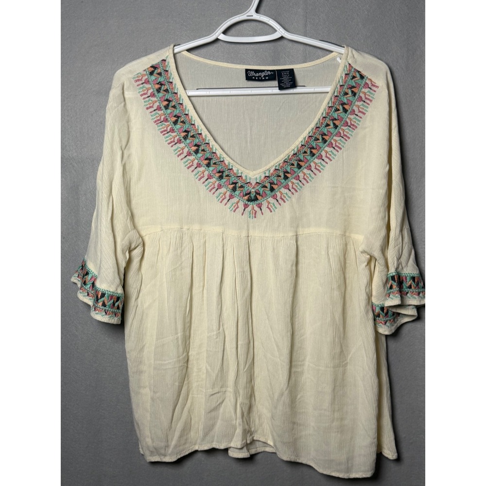 Wrangler Retro Womens Cream Embroidered Gauze Babydoll Peasant Top LW5130W Small